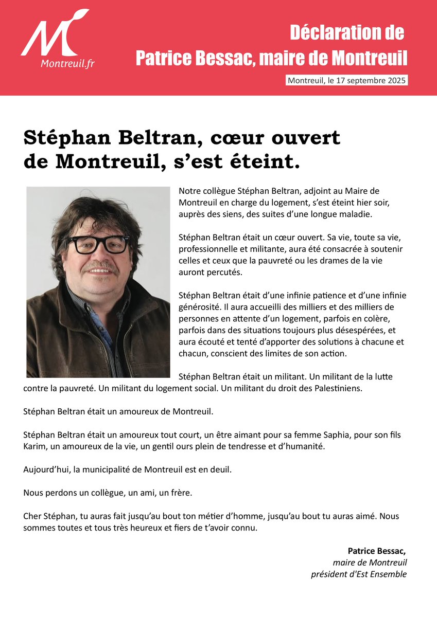 À travers les mots de <a href="/PatriceBessac/">Patrice Bessac</a>, la Ville de Montreuil rend hommage à Stéphan Beltran, Adjoint délégué au logement, à l'habitat et à la lutte contre le logement insalubre qui nous a quittés hier et s’associe à la peine de toutes celles et ceux qui l’ont connu.