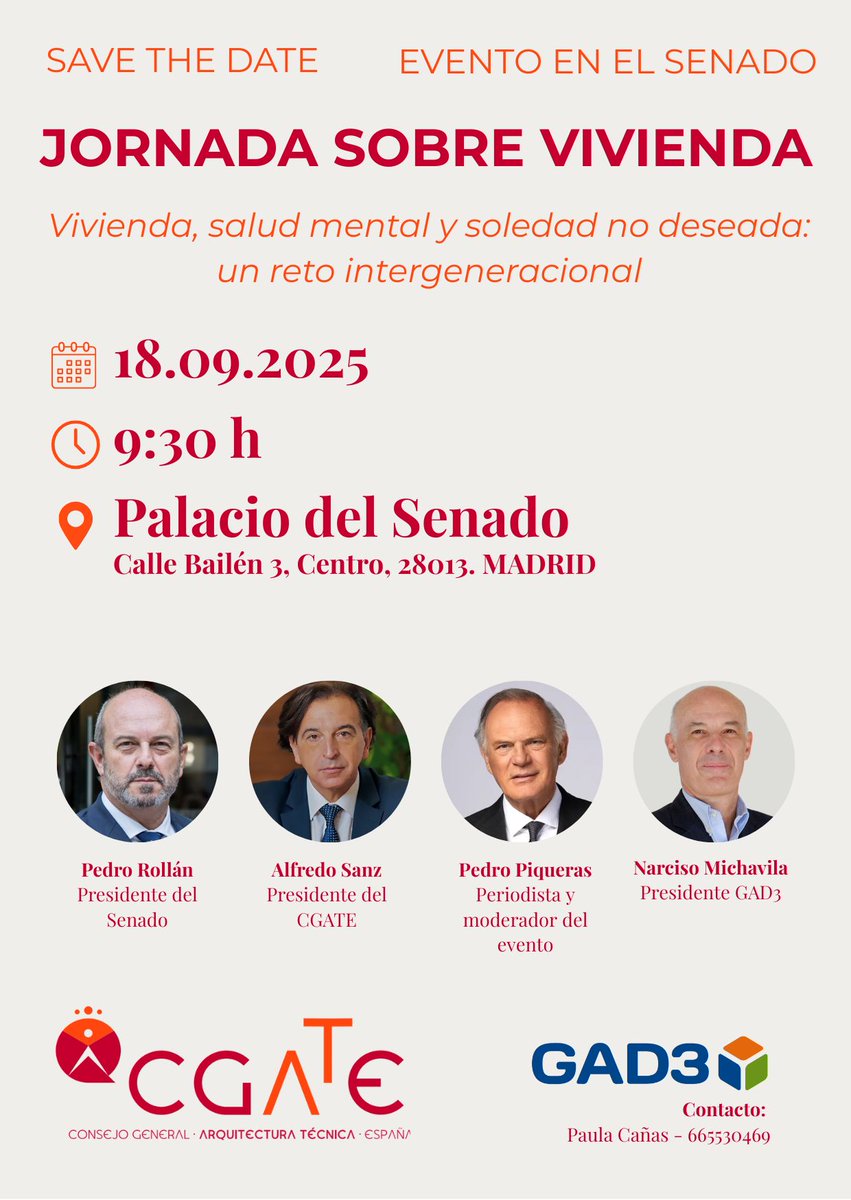 La Arquitectura Técnica, en el Senado.

Mañana compartiremos los resultados de nuestro II Barómetro de Vivienda en la cámara alta de las Cortes. Los resultados del informe elaborado por <a href="/GAD3_com/">GAD3</a> destacan el impacto en la salud mental que genera la vivienda.