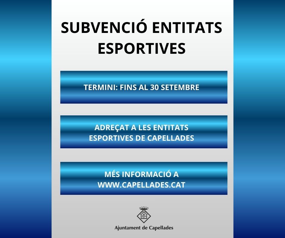 Fins al 30 de setembre es pot sol·licitar la subvenció per a entitats esportives de Capellades.

La sol·licitud s'haurà de presentar dins el termini establert al registre general de l'Ajuntament de Capellades.

Les bases es poden consultar a 👇

tauler.seu-e.cat/detall?idEns=8…