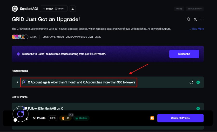 📢<a href="/SentientAGI/">Sentient</a> Airdrop Update : New Galxe Quest 

New Galxe Task Live grab 50 points✔️

🔗 Link : app.galxe.com/quest/5pH5qUCo…

Requirements:
1️⃣ Complete all Social Tasks
2️⃣ X account at least 1 months old
3️⃣ Minimum 300 followers on X

Follow everyone that comments