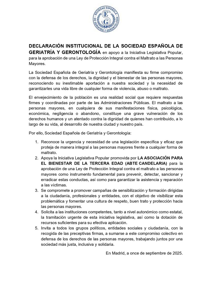 Tenemos una nueva declaración institucional que respalda nuestra Iniciativa Legislativa Popular  por parte de la Sociedad Española de Geriatría y Gerontología  Apoya nuestra ILP: firma en pornuestrosmayores.org
#PorNuestrosMayores #ILPMayoresYa #DignidadSenior #NoAlMaltrato