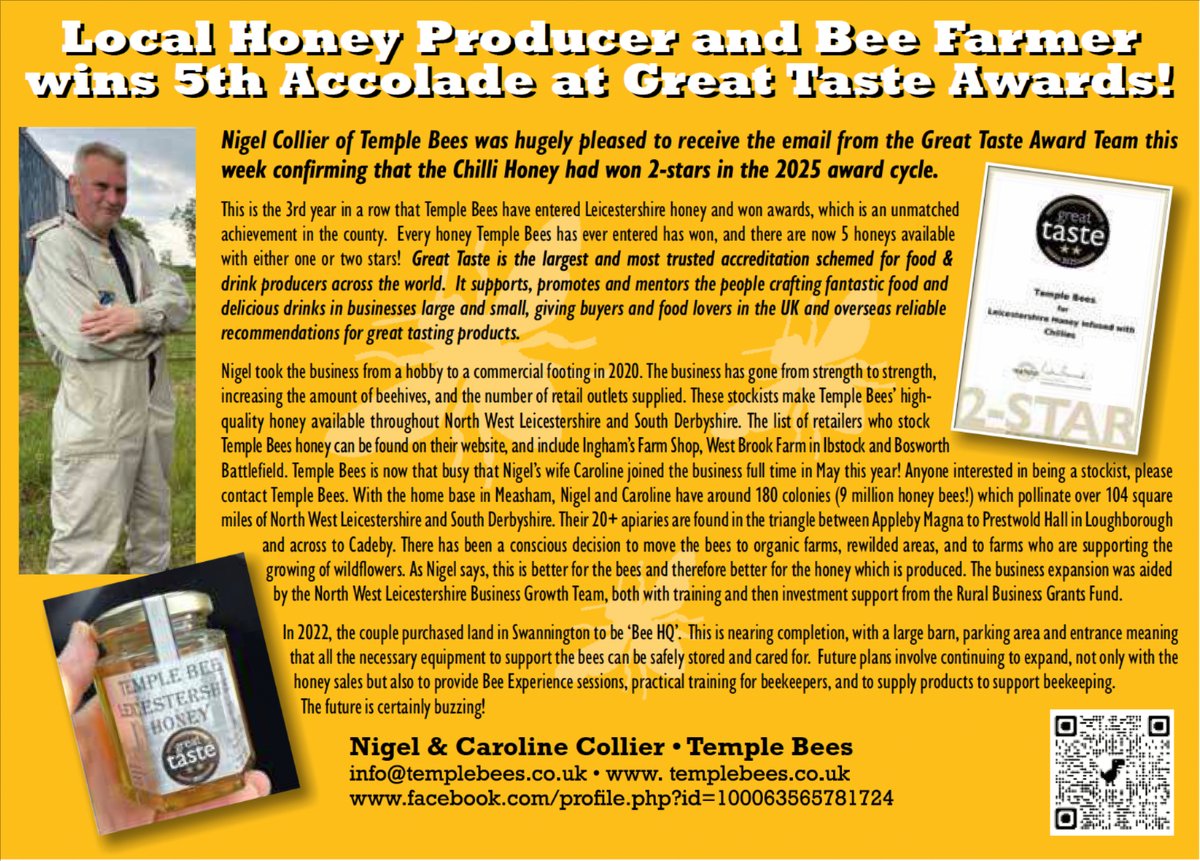 🐝 Temple Bees wins again!
That’s five Great Taste Awards now for Nigel &amp; Caroline’s honey—including a 2-star win for their Chilli Honey! From humble hobby to buzzing success, they now care for over 9 million bees across North West Leicestershire.