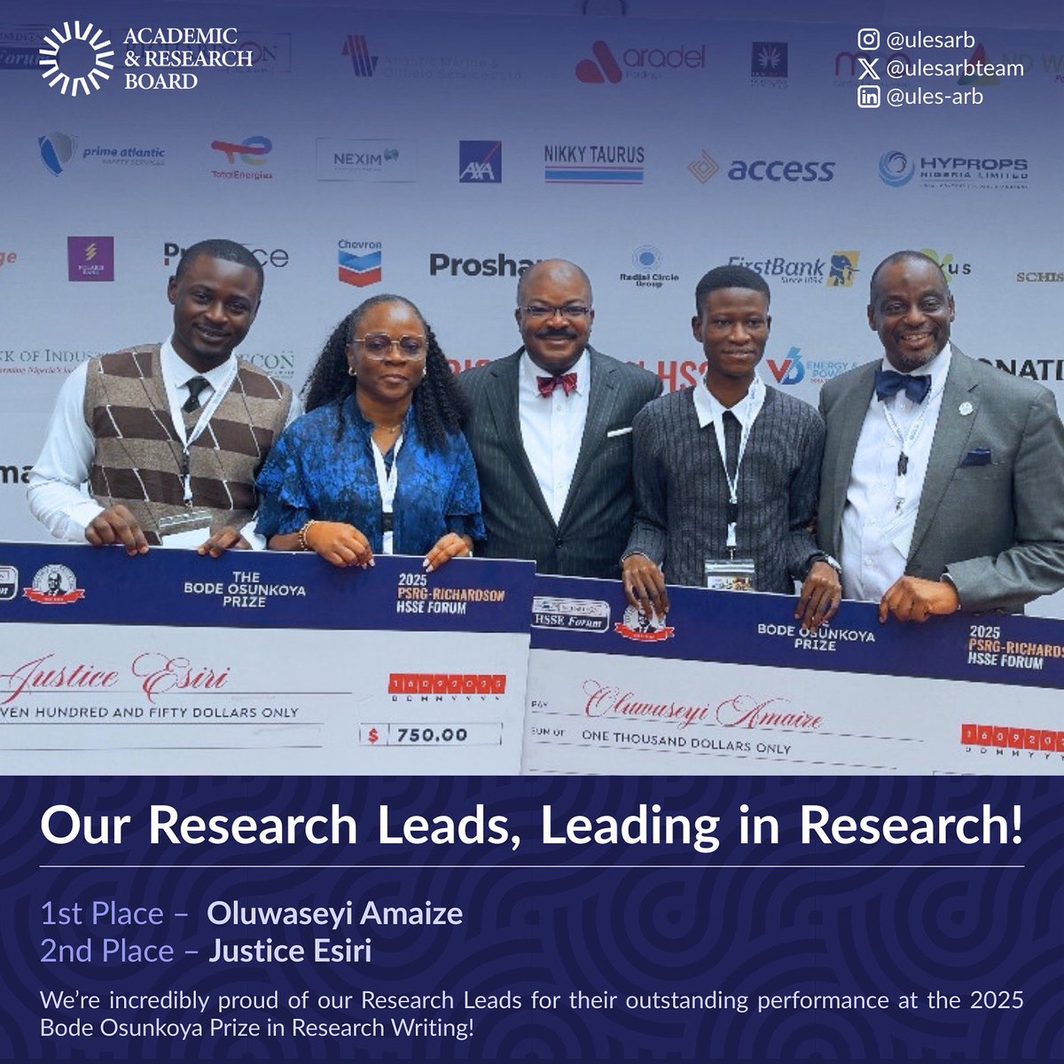 Our Research Leads, Leading in Research! 💙

We’re incredibly proud of our ARB research leads, Oluwaseyi Amaize (<a href="/AmaizeOluwasey1/">Dark horse!!</a> ) and Justice Esiri (<a href="/Justicesiri/">jusTice♎</a> ) for their outstanding performance at the 2025 Bode Osunkoya Prize in Research Writing.

1/3
