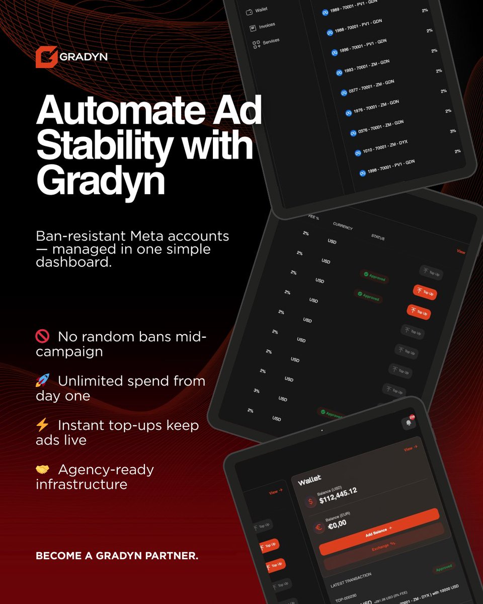 Scaling isn’t about spending more.
It’s about staying live longer.

With Gradyn:
❌ No random bans
🚀 Unlimited spend
⚡ Instant top-ups
🤝 Infra built for agencies

Automate stability. Scale without fear.