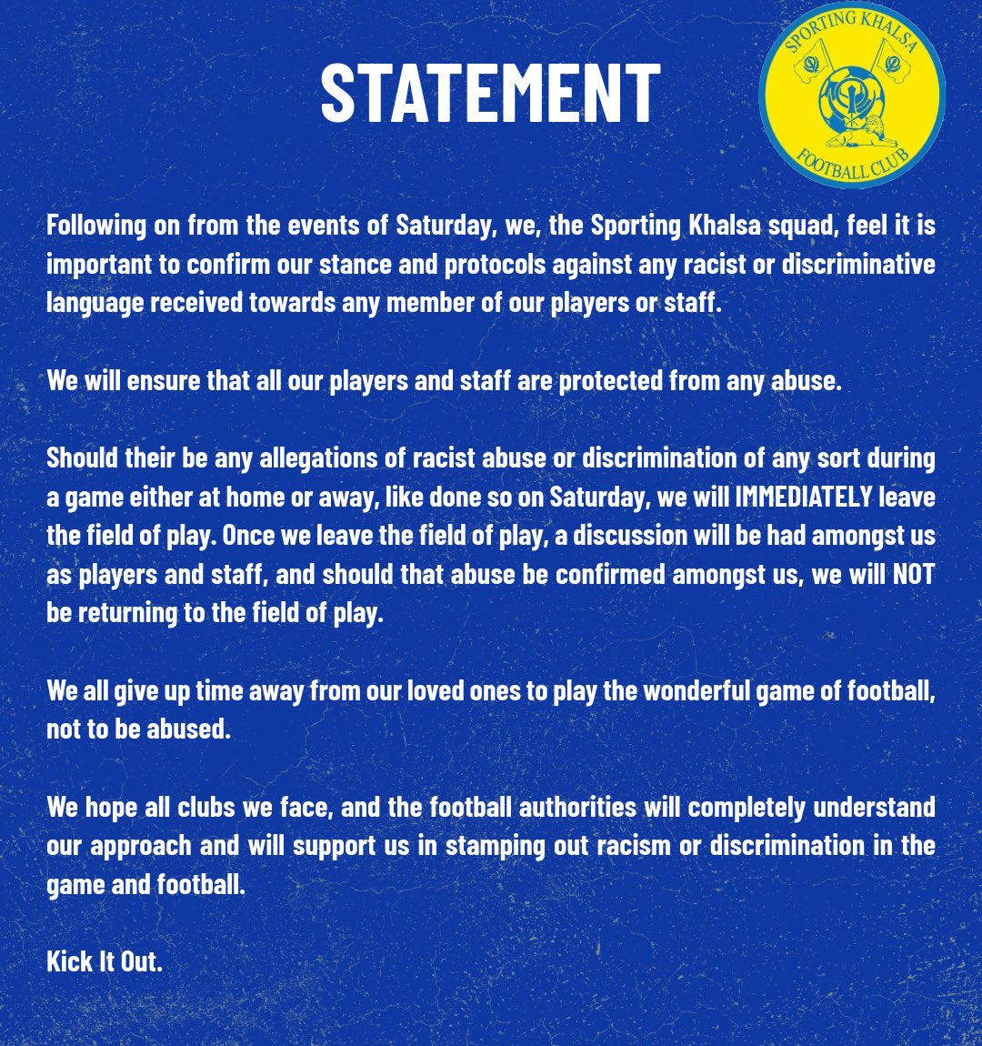 A statement from the playing and coaching staff at Sporting Khalsa Football Club: