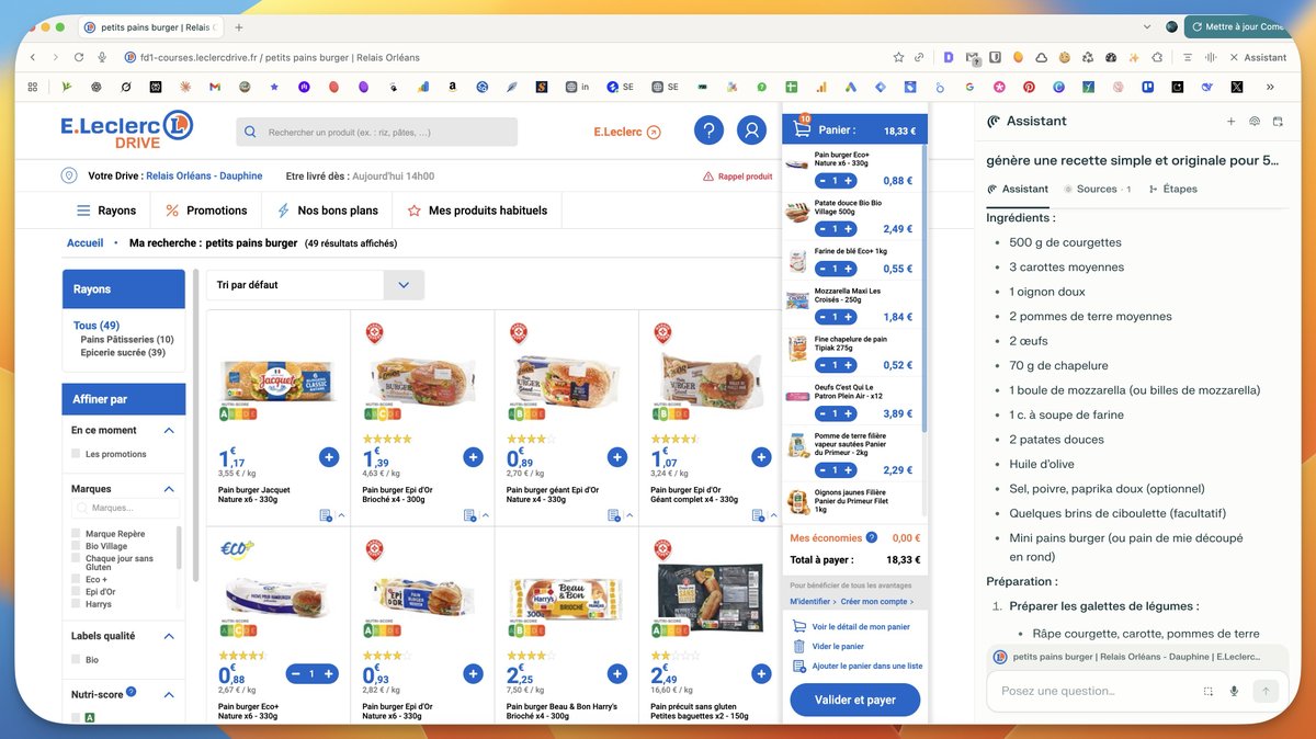 Pratique le navigateur IA Comet ! Tu lui demandes de générer une recette de cuisine et il va tout seul ajouter les produits dans ton panier Leclerc Drive (poke <a href="/oyonyx/">Oyonyx 🕸️🦅</a> )