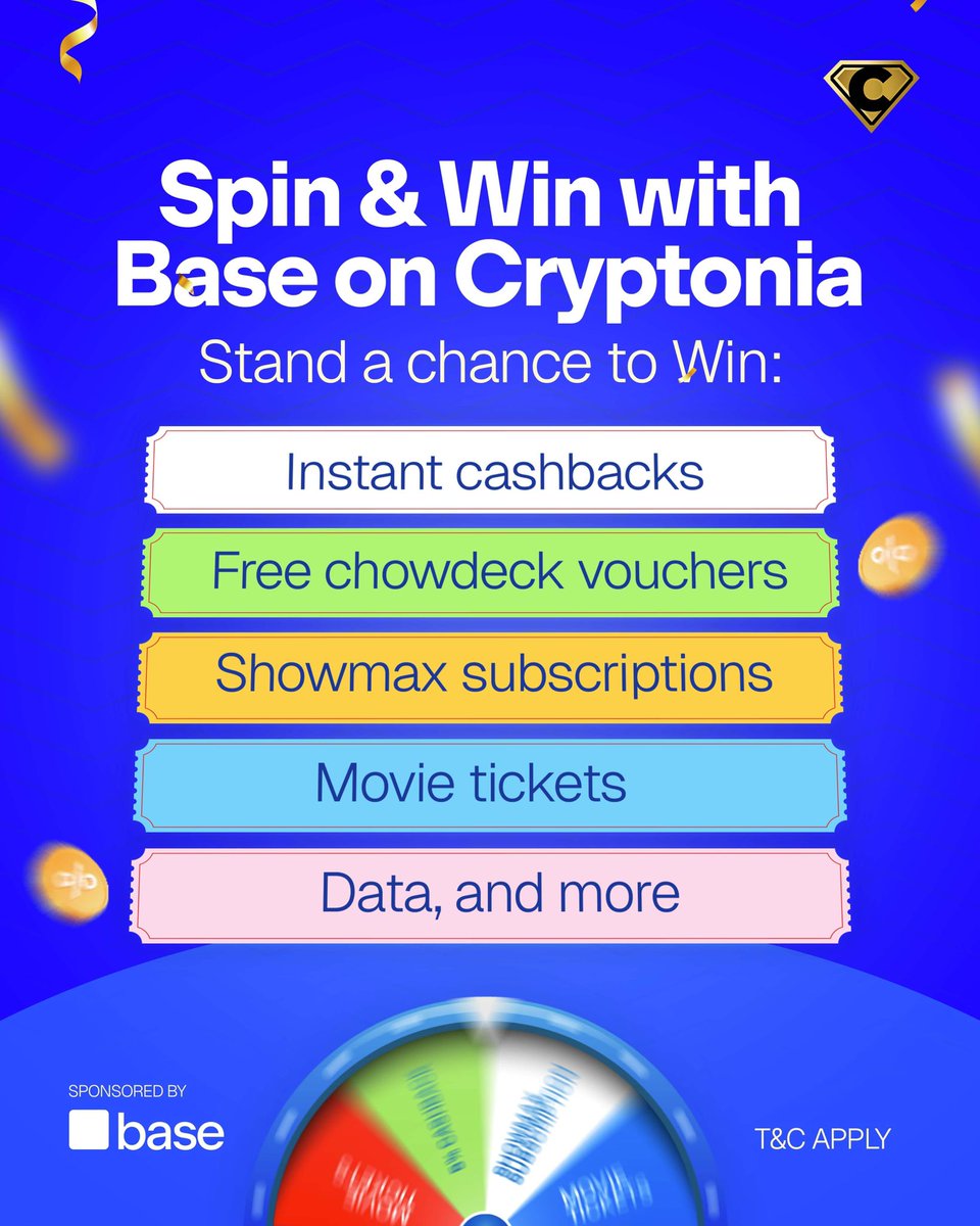 getcryptonia's tweet image. The wheel is here, the prizes are loaded, and #CryptoniaSpinToWin is LIVE this September 🎉
This campaign is proudly supported by @BasedWestAfrica through their grant, making it possible to reward YOU with:
✅ Chowdeck vouchers
✅ Movie tickets
✅ Showmax subscription
✅ Data…