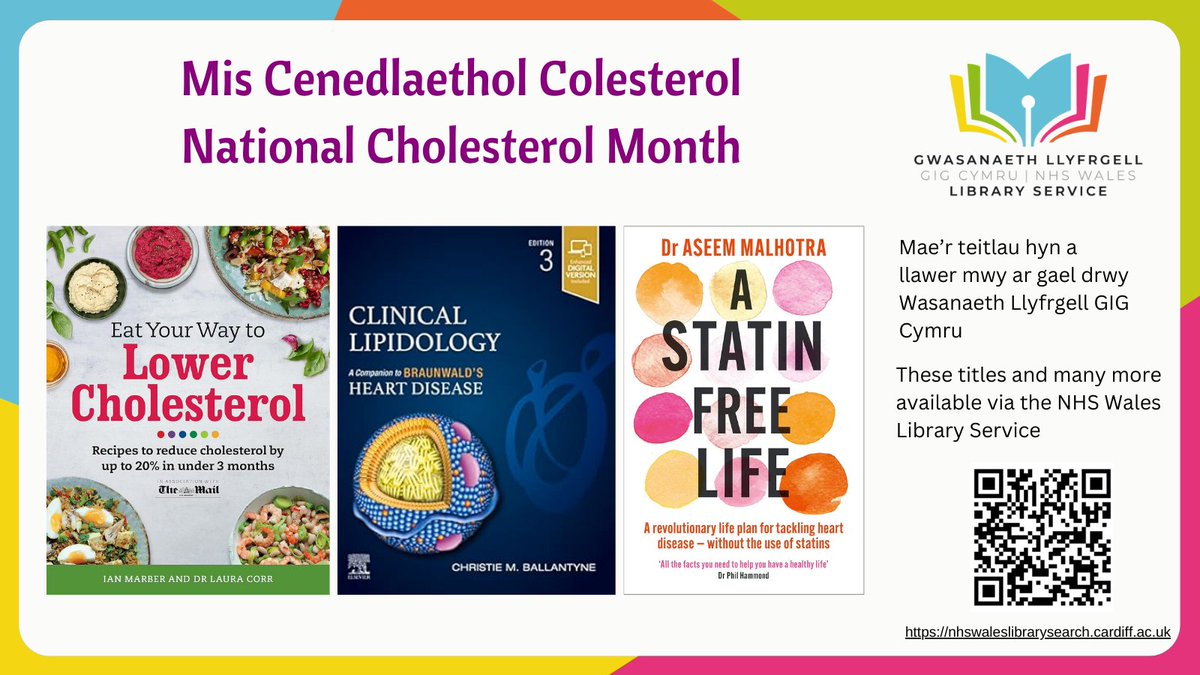 October is #NationalCholesterolMonth - find titles on managing cholesterol levels in patients and at home on our catalogue - just sign in with your NHS Wales email and NADEX password to browse and place requests: nhswaleslibrarysearch.cardiff.ac.uk