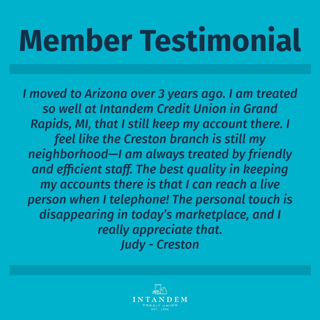 We love hearing from our members! ❤️ Thank you for your kind words and for supporting Intandem Credit Union!