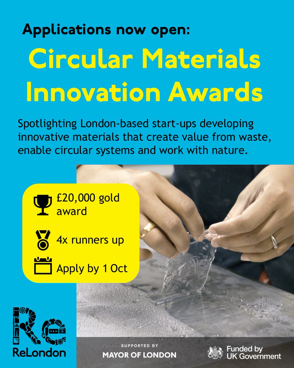If you’re a London-based, small business with a new, circular material at prototype stage, apply now for the chance to win a grant award of £20,000 to support the next step in your growth. 📈

Apply here by Wednesday 1st October 👉 orlo.uk/OQWPU

<a href="/ReLondon_UK/">ReLondon</a>
