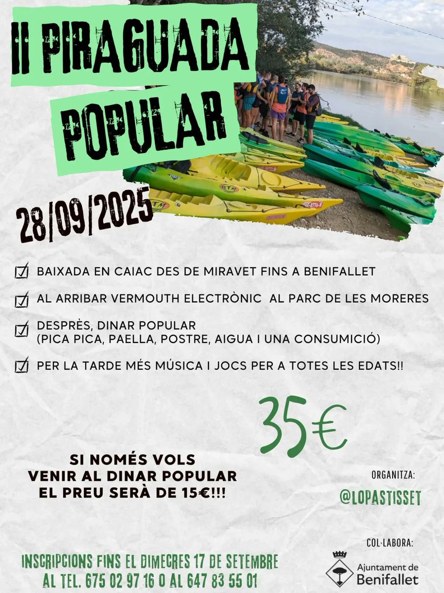 🚣‍♀️ Últim dia per fer les inscripcions a la II edició de la Piraguada Popular! Gaudiu d'un dia ple d’activitats, natura, bona música i molta diversió a l’Ebre! 🥰

📍 De Miravet a Benifallet

Més info 👇

#TerresdelEbre
