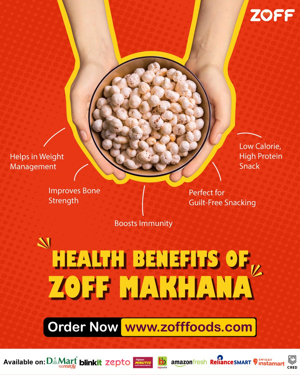 zoff_foods's tweet image. Snack smart, snack healthy! 🌱
With ZOFF Premium Makhana, you don’t just munch you nourish your body with goodness in every bite 😍✨

👉 Light, crunchy, and power-packed with nutrients!

#ZOFFFoods #HealthySnacking #ZOFFMakhana #SuperfoodSnacking #ZOFFSeBanega