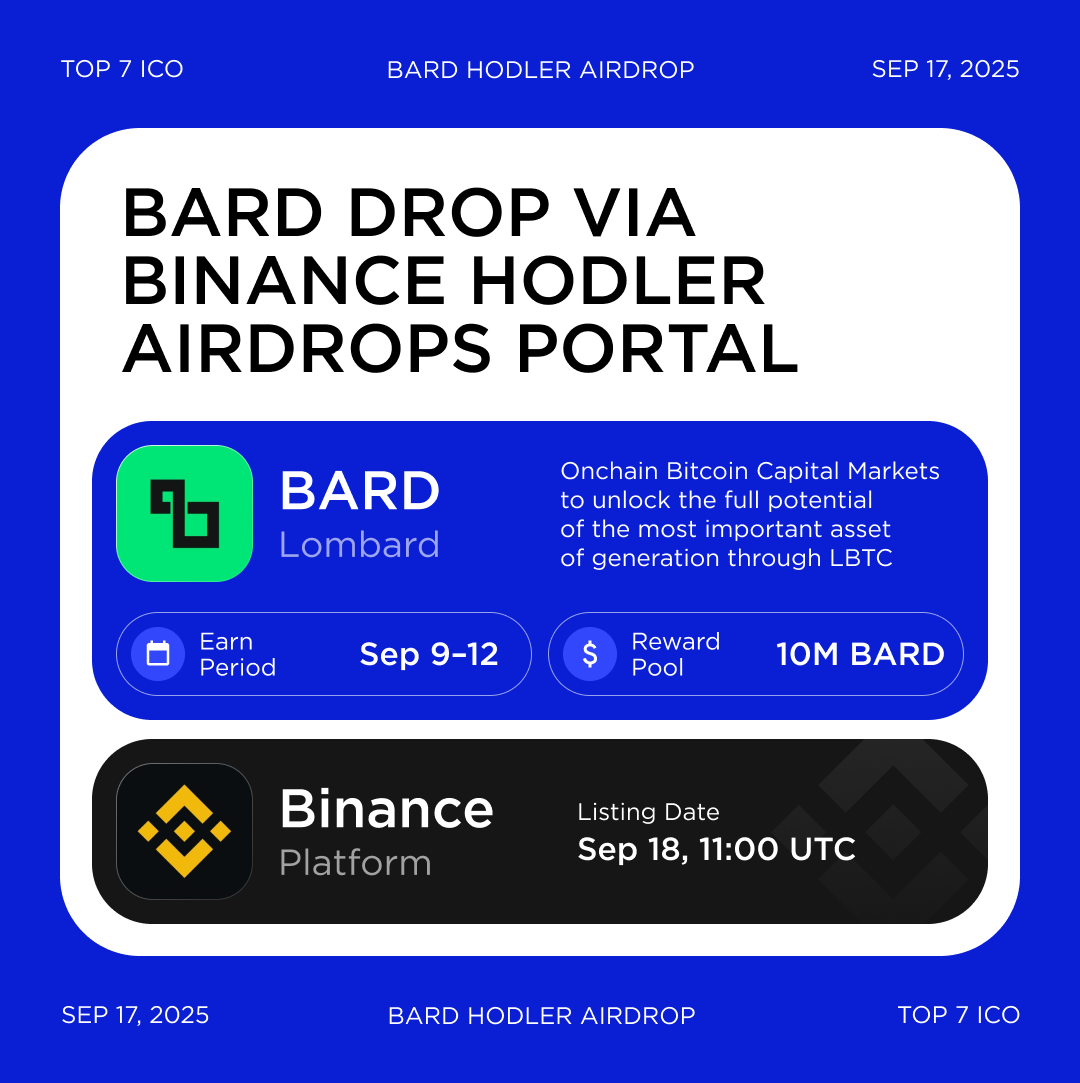 Binance will conduct @Lombard_Finance [BARD] Airdrop via HODLer Airdrops  Portal Users who subscribed their $BNB to Simple Earn products from  September 9 to September 12 will get the airdrop distribution. HODLer  airdrops