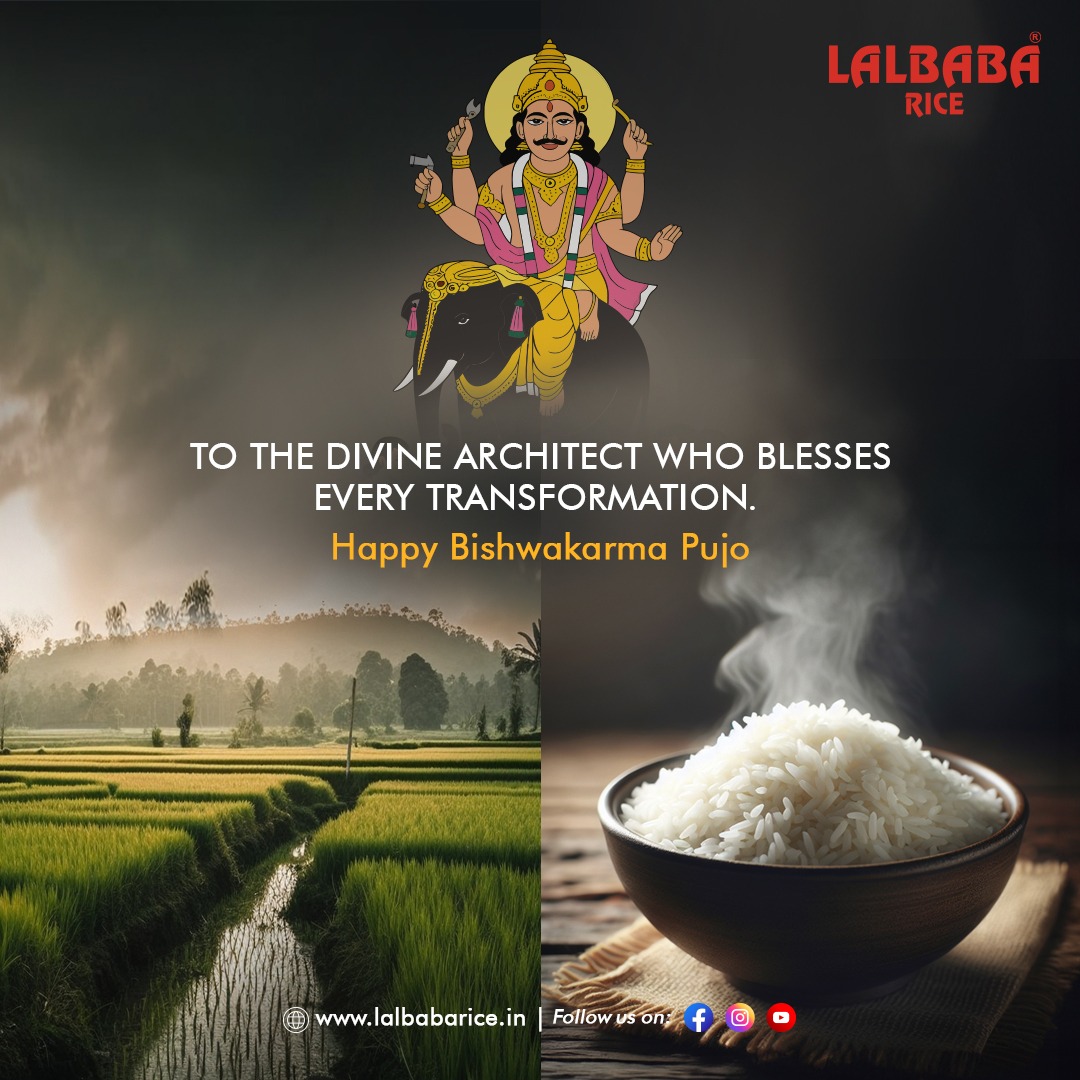 From golden fields to the grains that nourish us, every transformation is a work of divine design.
On this Bishwakarma Pujo, we bow to the divine architect who blesses our tools, our work, and the journey of rice from crop to kitchen.

#BishwakarmaPujo #DivineDesign #GoldenGrains