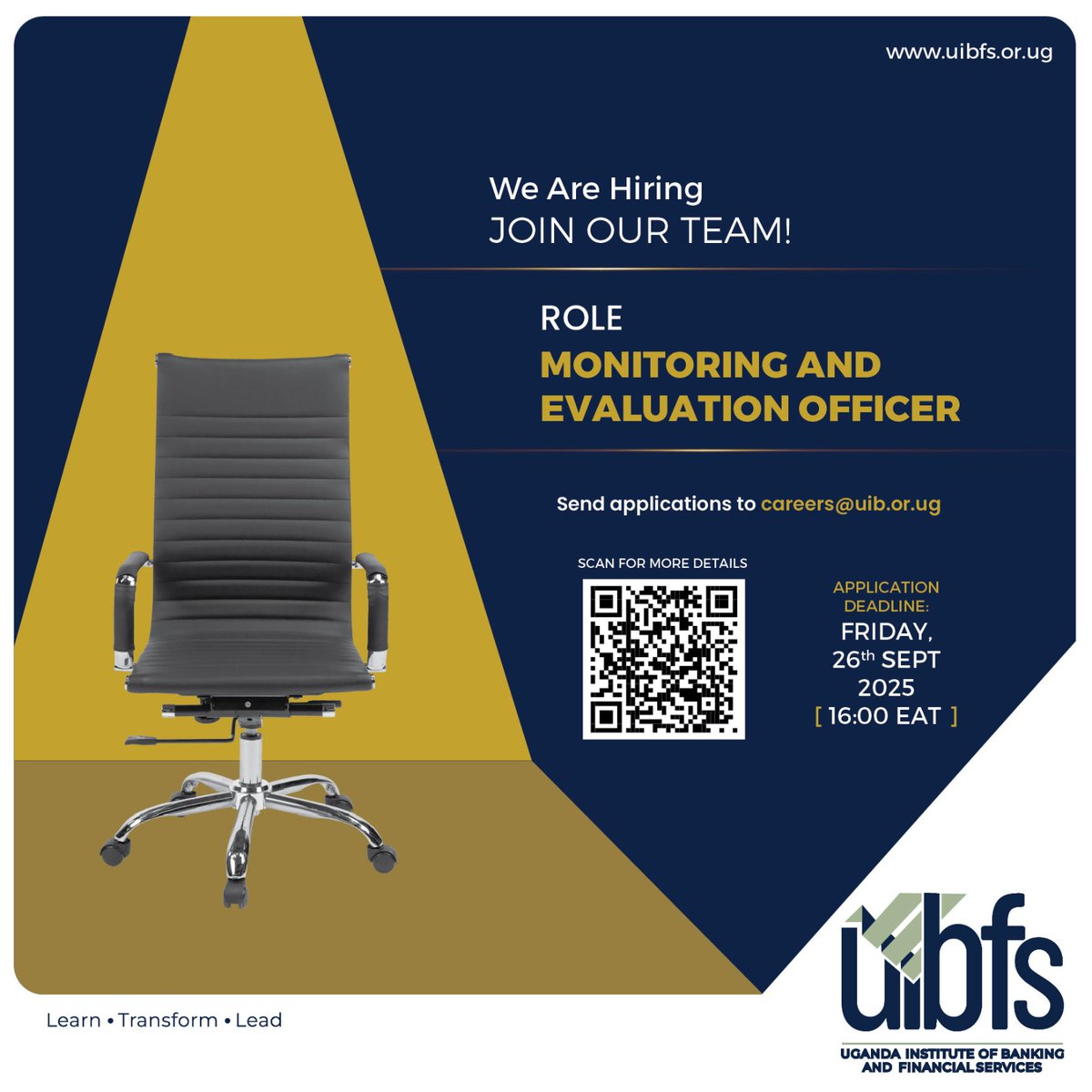 We’re Hiring!

Are you passionate about impact measurement and driving results? 

Join our dynamic team at UIBFS as a Monitoring &amp; Evaluation Officer.

Send your application to careers@uib.or.ug

Deadline: Friday, 26th September 2025 | 4:00 PM EAT

Scan the QR code for more