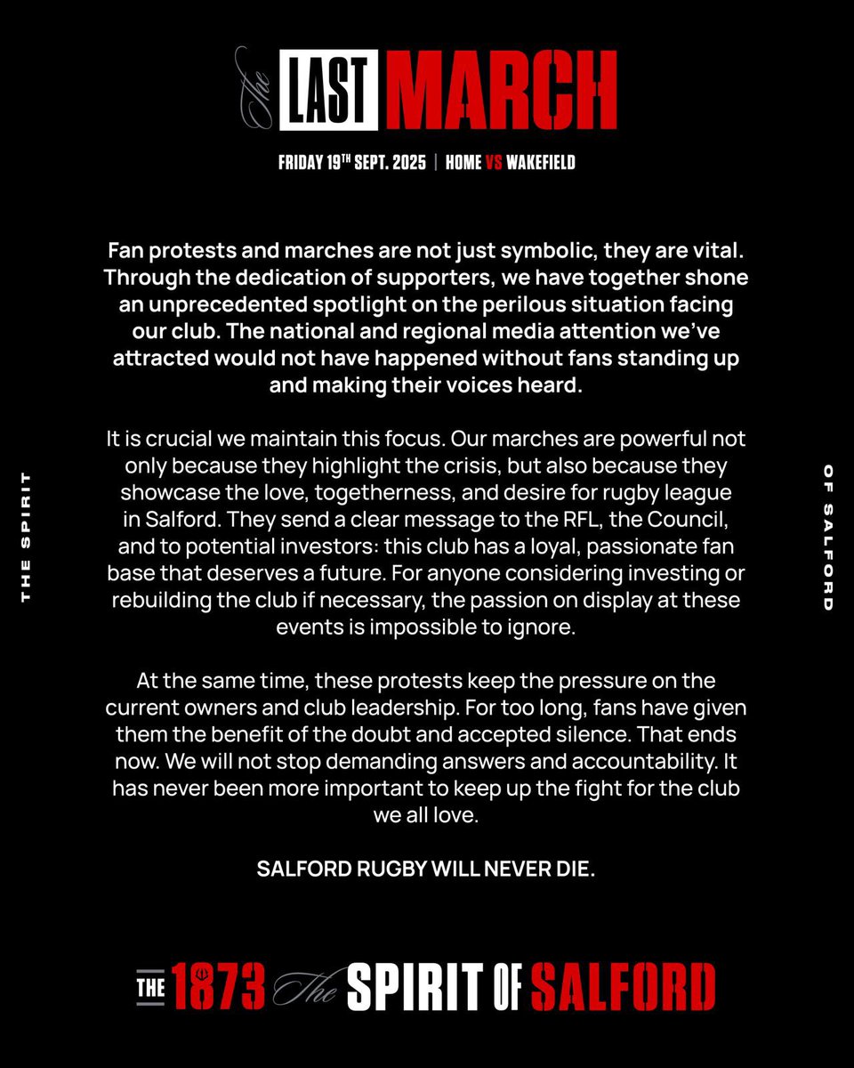 This Friday before the Wakefield game we march for our club’s future.

Your voice matters. Your presence matters.

Show those watching our passion can’t be ignored.

📍 Meet from 5:30pm at Salford Roosters. 
📣 March at 7pm.

Together we fight.

The 1873