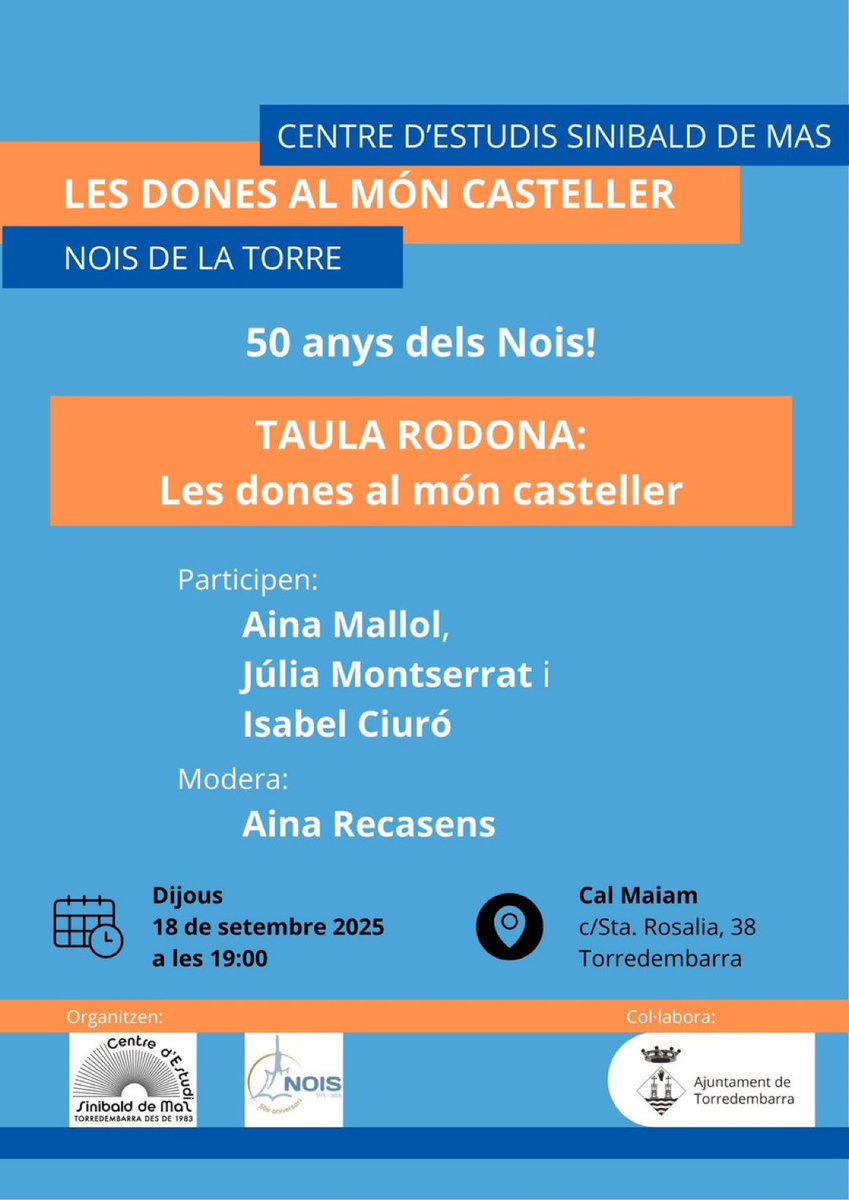 Això és demà, dijous 18 de setembre: a cal Maiam, a les 19h, dins el cicle “50 anys dels Nois!”, taula rodona “Les dones al món casteller” amb <a href="/AinaMallol/">Aina Mallol</a>, Júlia Montserrat, Isabel Ciuró i Aina Recasens. <a href="/nois1975/">Nois de la Torre</a> <a href="/Sinibalddemas/">Centre d'Estudis Sinibald de Mas de Torredembarra</a> Us hi esperem! #Torredembarra #castells