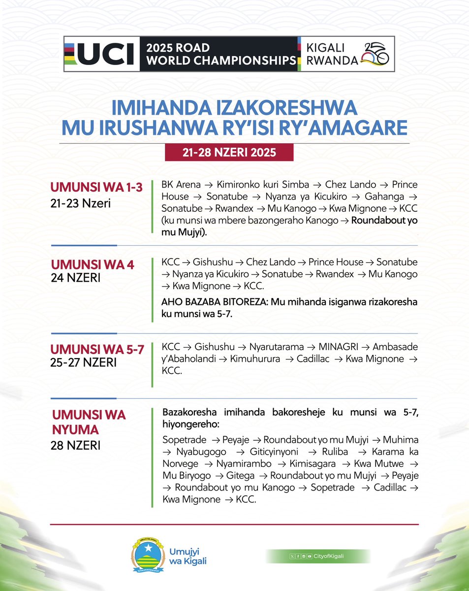 5 DAYS TO GO📌

We're almost there, let's see which roads will be used in the race 🚴🏿‍♂️ 
#UCIWorldChampionship2025 #UCIRWANDA #KIGALI2025