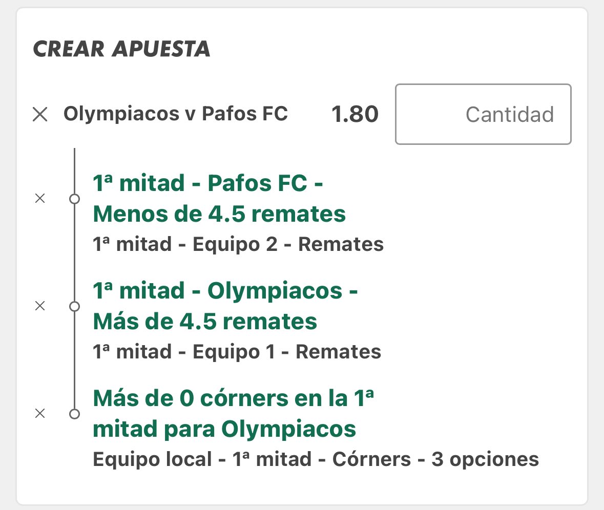 Llevo esta escalera y este pick para hoy, el Pafos ha dado pena en su inicio de liga con 5 y 3 remates contra equipos que más flojos que el Olympiacos, el cual además aprieta mucho en casa.