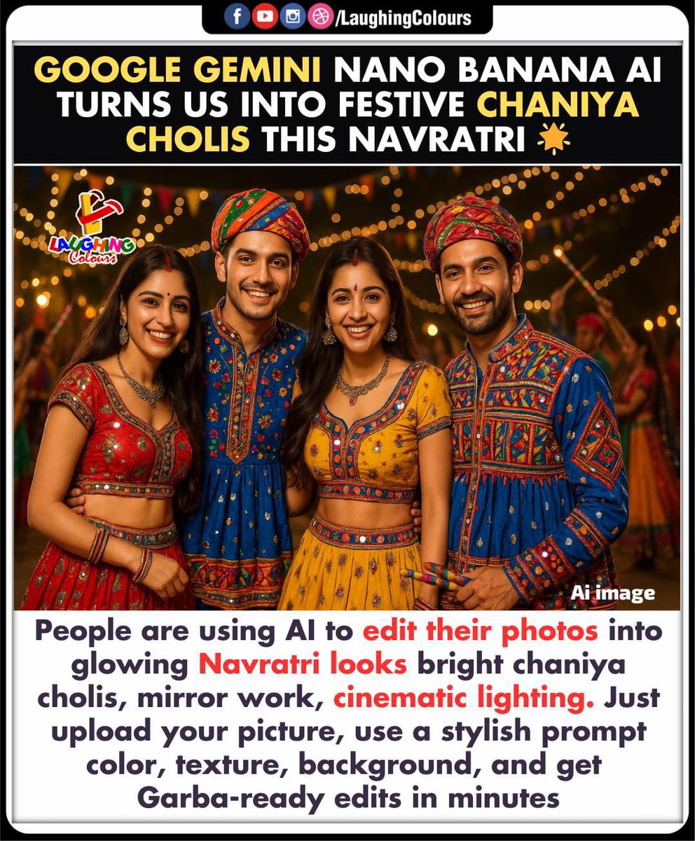 LaughingColours's tweet image. AI makes Navratri magic ✨

#Navratri #AIEditing #ChaniyaCholi #FestiveVibes #GarbaNight #TechTrends