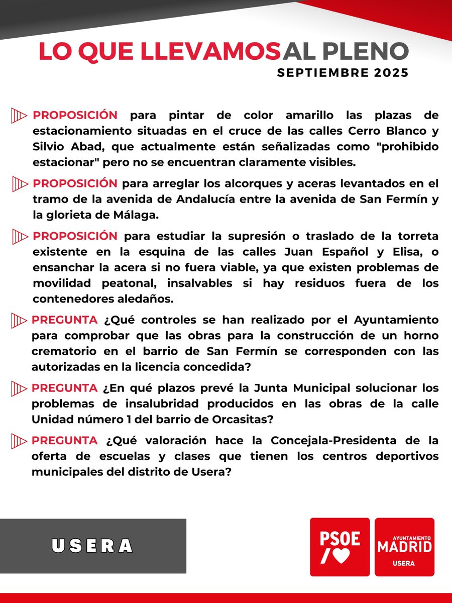Este jueves, día 18/09, a las 17h se celebra el #PlenoUsera en la Junta Municipal de Distrito (Av.Rafaela Ybarra, 41).

Al finalizar, será el debate sobre el estado del Distrito.

📍Tendrán lugar en el Salón de Actos.

#Usera #Madrid 

Consulta nuestras iniciativas en la imagen👇