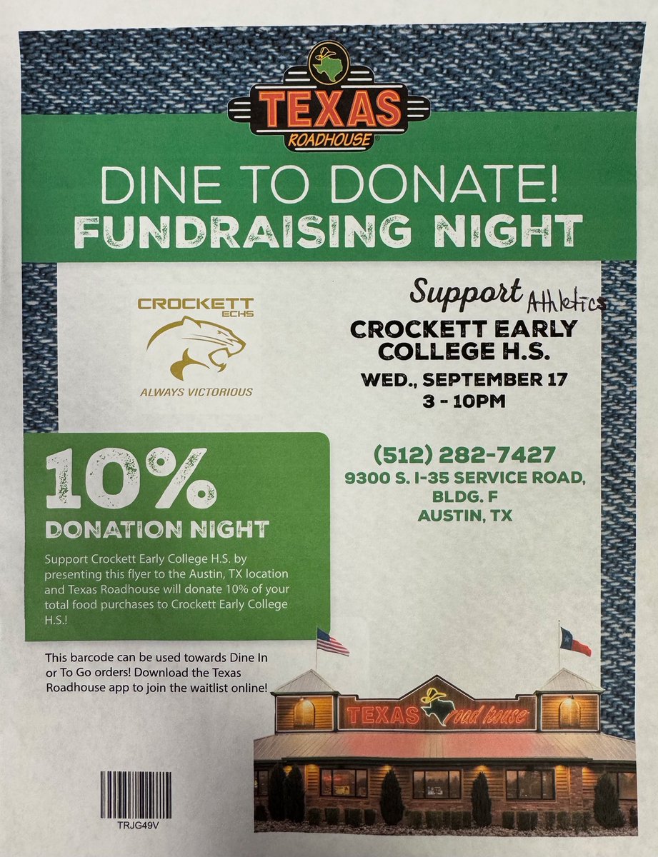Join us tonight, from 3-10pm!!! You must show this flyer (on your phone is fine) for Crockett Athletics to get a 10% donation from TX Roadhouse, from your meal. Dine in or carry out <a href="/AustinCrockett/">Crockett ECHS</a>