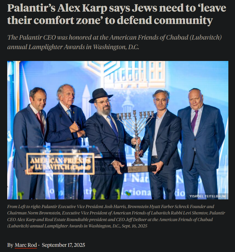 infolibnews's tweet photo. Palantir CEO Alex Karp was given an award from the American Friends of Chabad Lubavitch on Tuesday in DC.
He told them that Jews are going to have to "leave their comfort zone" to find new ways to fight anti-Semitism, as their current tactics "are kind of not working."
Some critics of Jews suffer from "Jewish derangement syndrome," he said.
"We have to fight for a rule of law, meritocratic, high-agency society, and everybody's going to have to help out, and that includes people who don't like to ever speak out—finance, Hollywood, all sorts of other people," he said, as reported by Jewish Insider.
Of course, Palantir would hardly exist if we had a meritocracy, let alone be trading at 778 times earnings.