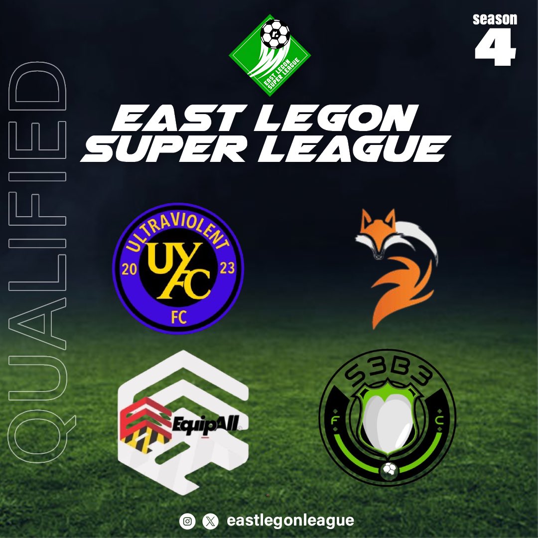 EastLegonleague's tweet photo. 🟢⚪️🚨 QUALIFIED FOR PLAYOFFS! 🚀 Congrats to Ultraviolent FC, Foxes, EquipAll, and S3B3 FC for making it to the playoffs in Season 4 of the East Legon Super League!  🏆 #EastLegonSuperLeague #PlayoffsBound https://t.co/O5SRCNEamc