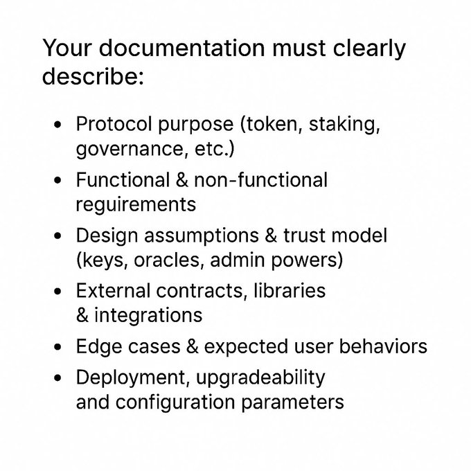 If you’re shipping a Web3 protocol, clear and detailed docs aren’t optional. 

They let auditors grasp your design fast, so time goes to finding bugs, not decoding your system. 

Invest in proper docs. 

Underestimating them = underestimating security.