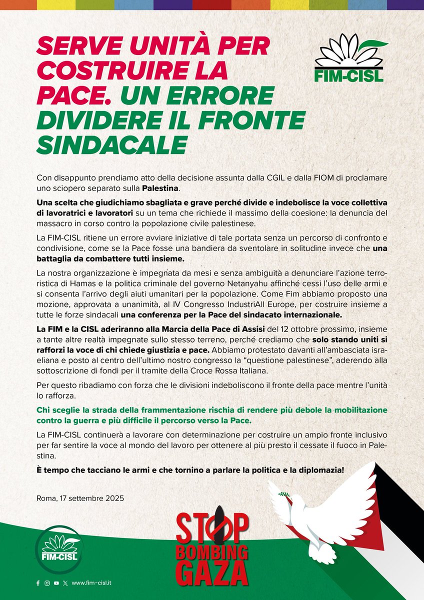 #Gaza #Palestina SERVE UNITÀ PER COSTRUIRE LA PACE. UN ERRORE DIVIDERE IL FRONTE SINDACALE👉