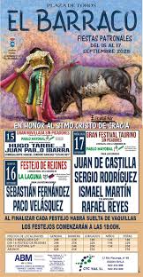 El Barraco (Ávila) hoy  festival con erales de <a href="/TorosdePMayoral/">Toros Pablo Mayoral</a> para <a href="/JuandeCastilla/">Juan de Castilla</a>, <a href="/sergiorguez_sr/">Sergio Rodríguez</a> Rodríguez, <a href="/IsmaelMartinM/">Ismael Martín</a> y el novillero <a href="/RafaelReyes2R/">Rafael Reyes</a> <a href="/portaltaurino/">Portal Taurino</a>