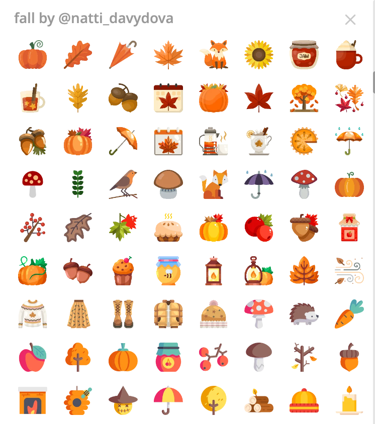 Сделала офигенно красивый пак осенних эмоджиков для телеги! Ну вы только посмотрите, красота какая! (там примерно раза в 2 больше, чем на картинку поместилось)

🔽 (забрать можно по ссылке в сабтвите)