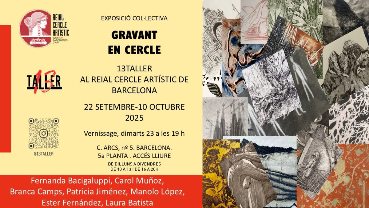 Inauguració: Exposició col·lectiva "Gravat en Cercle" ✨🎨

Dimarts, 23 de setembre, a les 19h, 5a planta.
.- Fernanda Bacigaluppi
.- Carol Muñoz
.- Branca Camps
.- Patricia Jiménez
.- Manolo López
.- Ester Fernández
.- Laura Batista

Entrada lliure