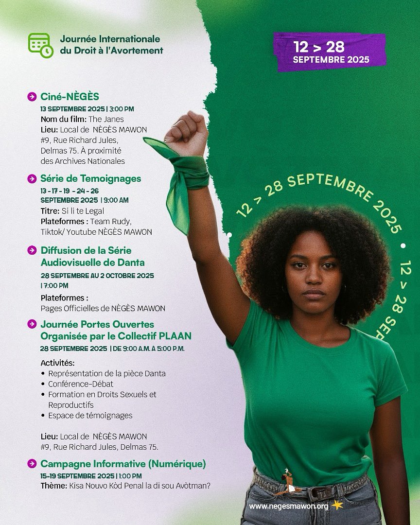 Neges_Mawon's tweet image. CALENDRIER D’ACTIVITÉS DANS LE CADRE DE LA JOURNÉE INTERNATIONALE DU DROIT À L'AVORTEMENT

#monCorpsmonChoix #prochoice #avotmanlegal
#Avòtmangratis #avòtmansandanje
#avotmannantansèten #dwafanm #LaviFanmKonte