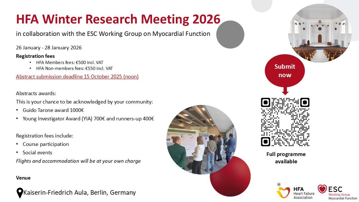 HFA Winter Research Meeting 2026 📅 Jan 26-28, 2026 
📍 Berlin, Germany
Europe's leading heart failure research forum returns! Join global experts for breakthrough science, networking &amp; collaboration opportunities.
📝 Abstract deadline: Oct 15, 2025
#HeartFailure #Research #HFA