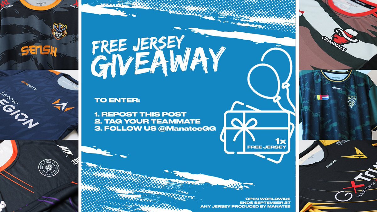 It's the 9th birthday of Manatee! Celebrate with us by winning a FREE JERSEY from your favourite team. 🎉

💙 Repost
💙 Tag your teammate 🫰
💙 Follow <a href="/ManateeGG/">Manatee</a> 

GLHF! 🏆