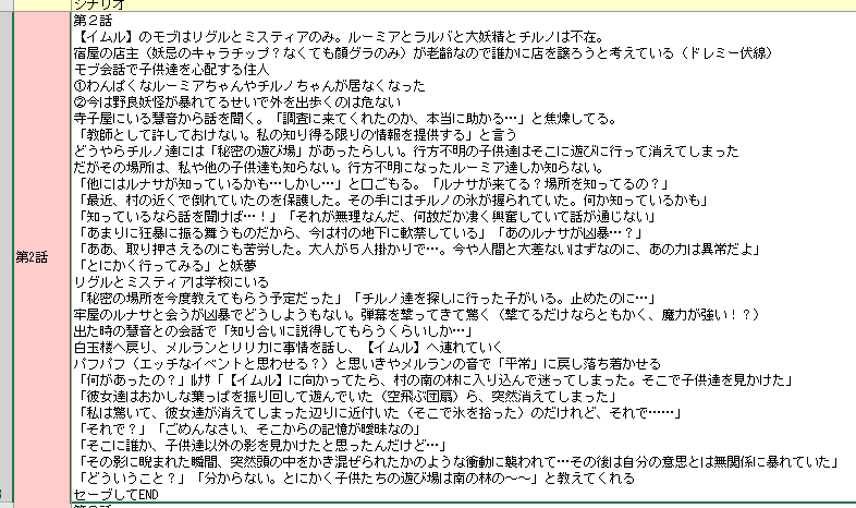 鉄導師の頃、制作前に用意してたプロット（第2話）
こうして見返してみると割と細かい台詞回しまで指定してはいますが、モブ会話とかは即興で作っていたので、それなりのアドリブ力は必要だったかもしれない…