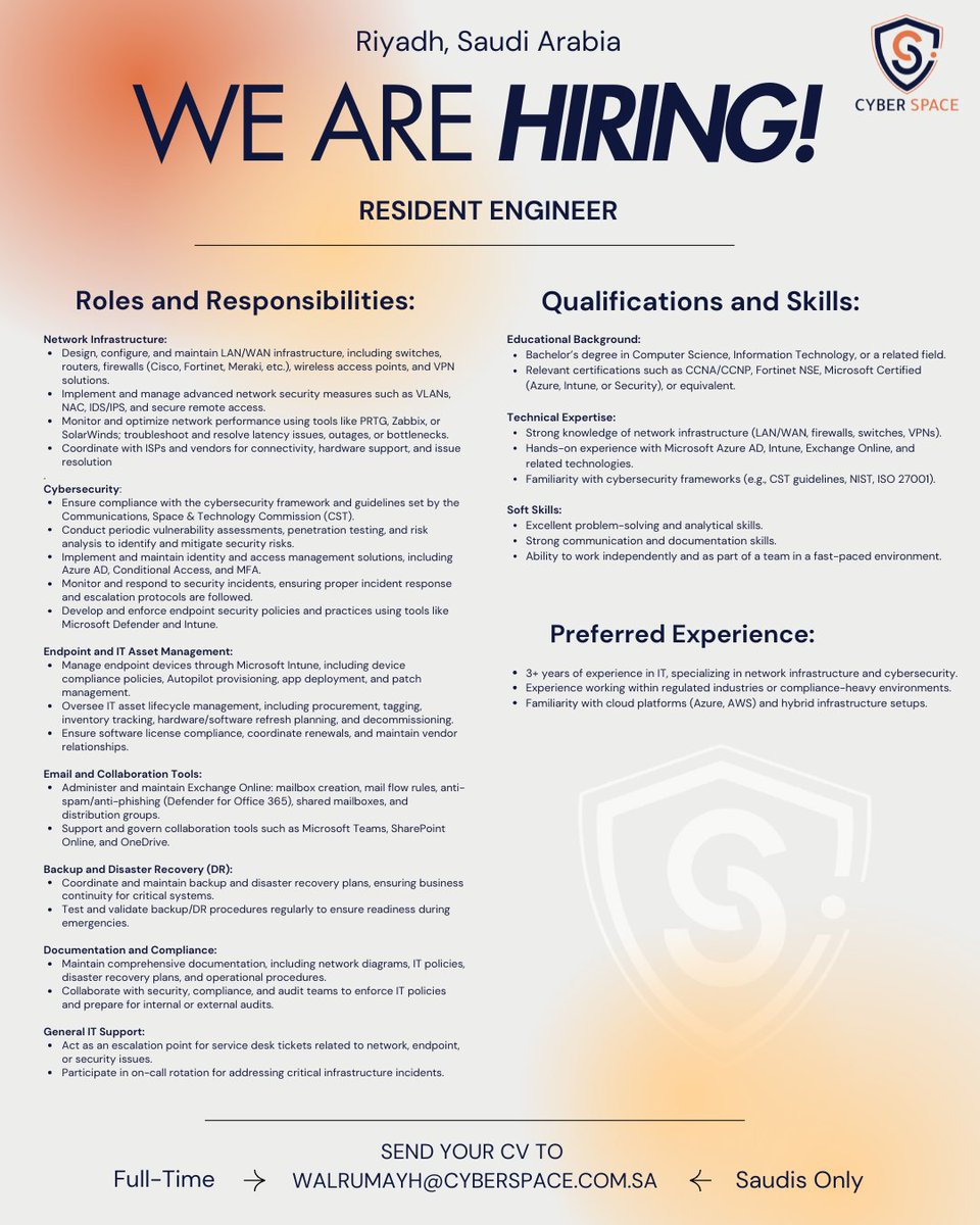 #FullTime Job Position in #Riyadh 📢 :
Resident #Engineer 🧑‍💻 #Saudis Only 🇸🇦
Email your CV to 📧 : WAlrumayh@cyberspace.com.sa