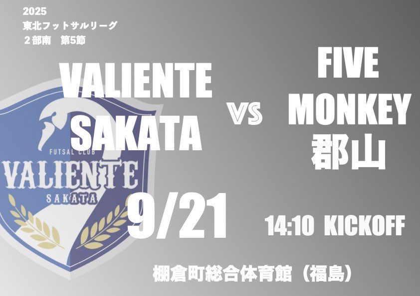 ValienteSakata's tweet photo. どうもこんばんは
試合のお知らせです。

【日時】
9月21日

【場所】
棚倉町総合体育館

【相手】
FIVE MONKEY郡山

【時間】
14時10分kickoff
となってます。

前節の勝利を無駄にしないよう全員で戦ってきますので熱い応援よろしくお願いします。

#VALIENTE酒田 https://t.co/ZUoqmUDrZr