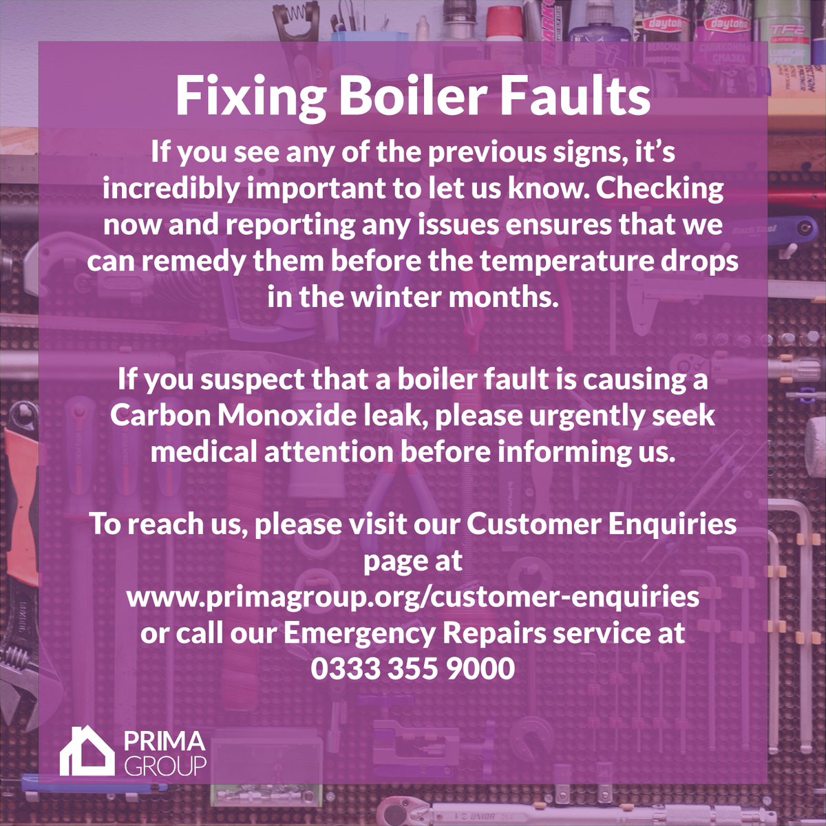 Is your boiler running?🔥

Catch it at the right time by checking early. As we enter colder months, we're urging our residents to make sure that their boiler is in working order.

For more information on our repairs, you can visit our repairs page at primagroup.org/repairs