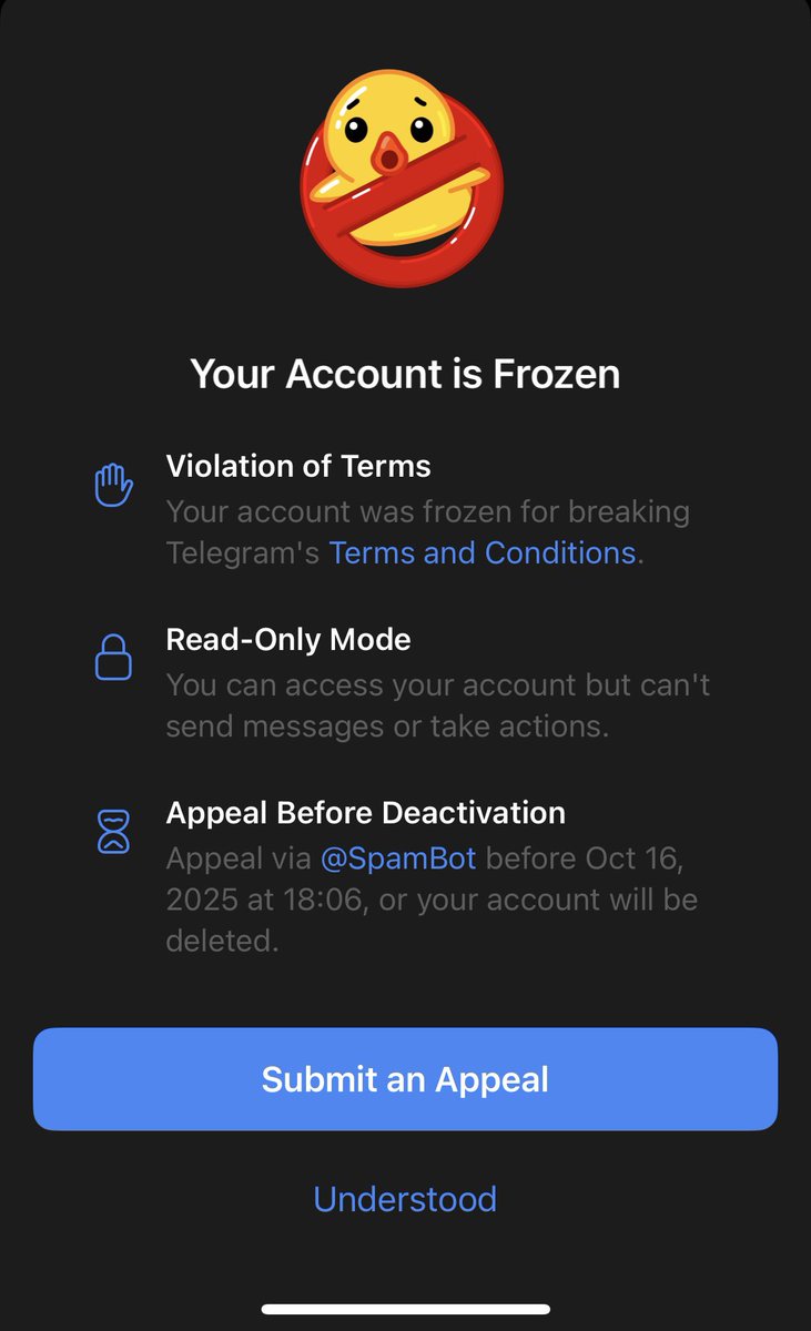 Thomas (@susscrypto) on Twitter photo SOS
My <a href="/telegram/">Telegram Messenger</a> account (never even send cold DMs) has been randomly frozen and appeals are being denied with no explanation.
Am I cooked? SOS
My <a href="/telegram/">Telegram Messenger</a> account (never even send cold DMs) has been randomly frozen and appeals are being denied with no explanation.
Am I cooked?