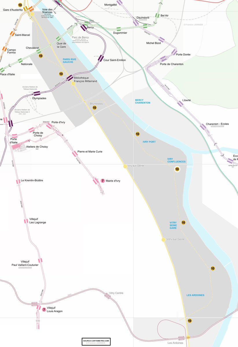 Départ : Gare d’Austerlitz Station 1: Chevaleret (Ligne 6) 2 Biblio F-Mitterrand (L14 /RER C/TZen5) 3 Bruneseau (T3a/TZen5) 4: Ivry-Mandela 5: Ivry-Gambetta. Phase 2  Station 6: secteur Seine-Gare Vitry 7 Pont Port à l’Anglais 8: Les Ardoines. Car d'ici 2035 + 60 000 habitants !