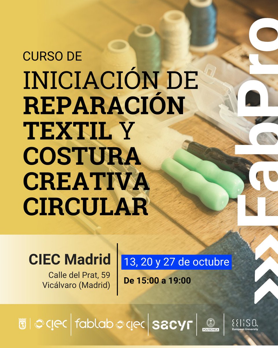 🧵Aprender a reparar y transformar nuestras prendas es más que una habilidad: es un acto de #Sostenibilidad.

👕En este nuevo curso de #CIECMadrid te enseñaremos a darle una segunda vida a tu ropa y desarrollar tu creatividad.

📅 13, 20 y 27 de octubre

🔗ciecmadrid.es/actividades/cu…