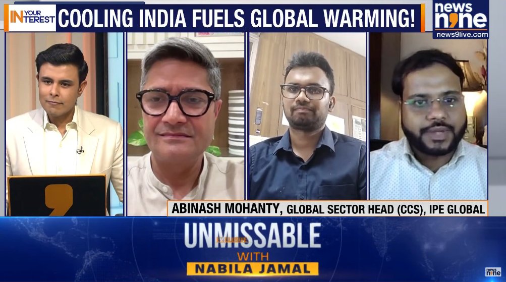 IPEGlobal's tweet photo. On the #WorldOzoneDay Abinash Mohanty, Global Sector Head – #ClimateChange & #Sustainability at #IPEGlobal, joined the two important conversations on Indian Cooling Crisis on News9.

He emphasised challenges such as the lack of sustainable refrigerants, poor servicing of ACs that accelerates refrigerant leaks, energy efficiency standards lagging global benchmarks. He noted this is not just an #energy challenge but also a construction problem, compounded by rapid urbanization and ecosystem loss and also suggested findings from IPE Global and Esri-India’s Climate Risk Observatory about 85% of Indian districts being extreme-event hotspots, with 45% of flood-prone areas turning drought-prone and vice versa- evidence of cascading and compounding risks.

Outlining a way forward through #PolicyandSystematicChange including stricter efficiency standards by the #BureauofEnergyEfficiency, Scaling #Technological alternatives such as #CoolRoofs (already mandated in #Telangana), and #InnovativeFinance & #NatureBasedSolutions making solutions affordable while restoring ecosystems - tree cover, wetlands, and green spaces that naturally reduce heat loads.
Over the next two years, emerging cooling technologies must prioritise the 3A’s-Accessibility, Affordability, and Availability-while integrating traditional knowledge with modern innovation where restoration, rehabilitation and revitalization of ecosystems are made national imperative. Equally vital are policy reforms, rationalising subsidies, and advancing mechanisms such as capping and trading.
At #IPEGlobal, we have been closely involved in developing #HeatActionPlans across Indian districts and cities. Integrating cooling needs assessments into these plans is critical to ensure thermal comfort without locking in high emissions.

Cooling is essential in a warming world—but how we cool must not compromise our #future.

Listen more: https://t.co/7Fz3kq7FpO

#ClimateActionNow  #SustainableCooling #EnergyEfficiency #ClimateResilience #WorldOzoneDay #HeatActionPlans #IPEGlobal #Urbanization #TraditionalKnowledge #EmergingTechnologies