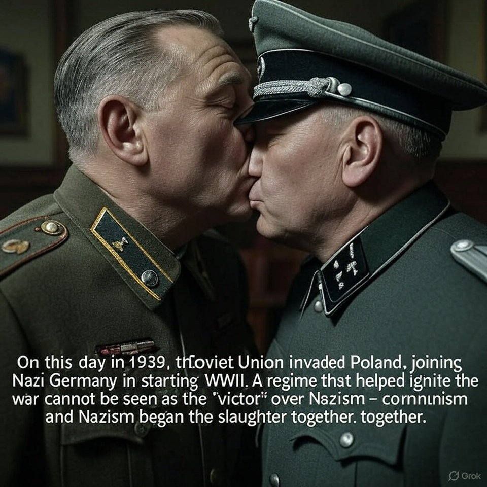 On this day in 1939, the Soviet Union invaded Poland, joining Nazi Germany in starting WWII.
A regime that helped ignite the war cannot be seen as the "victor" over Nazism - russian communism and German Nazism began the slaughter together.