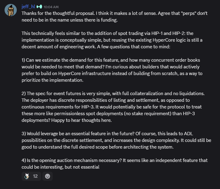 Jeff has responded to the HIP 4, event perpetuals idea 👀 

<a href="/j0hnwang/">John Wang</a> the first point seems directed to you guys at <a href="/Kalshi/">Kalshi</a>