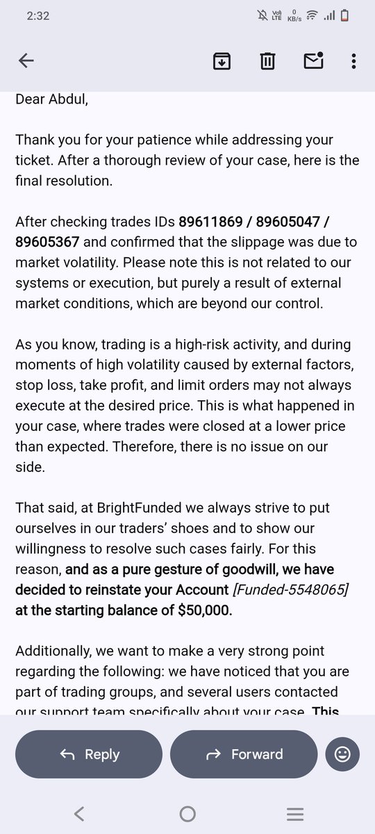 mohsiniqbal1333's tweet image. denied my payout without any reason on near payout date they send me this email I am out of my mind after see this even this 5k$ was made on their 1 %risk  rule restriction on  50k account now they offer new account deined payout @BrightFunded @PropFirmMatch @FxTrustedProps
