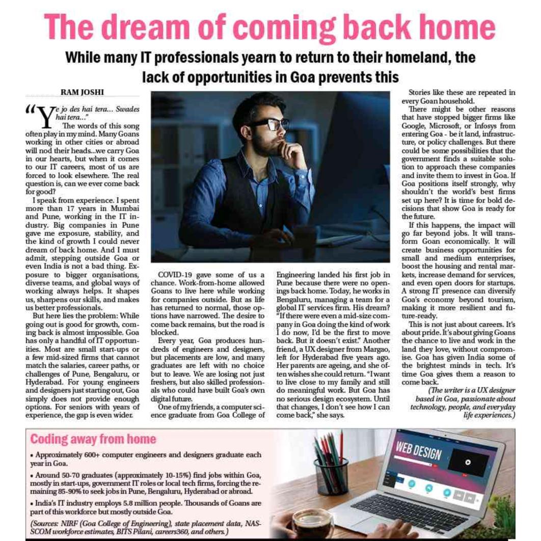 Navhind_Times's tweet image. While many IT professionals yearn to return to their homeland, the lack of opportunities in Goa prevents this... Read more in The Navhind Times (Buzz) today! 

#goa #itprofessionals #NavhindTimes