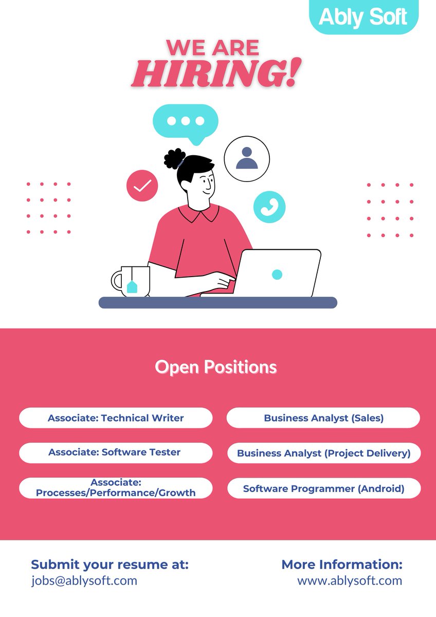 AblySoft_'s tweet image. We’re on the lookout for-
#Technical_Writer | 0-6 months 
#Software_Tester | 1-2 yrs
#Processes_Analyst | 0-6 months
#Business_Analyst (#Project_Delivery) | 1-3 yrs
Business Analyst (#Sales) | 1-3 yrs
Software_Programmer (#Android) | 2-3 yrs
Share your CV at jobs@ablysoft.com