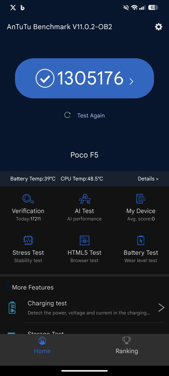 titash_sharma's tweet image. A whopping 1.3 Million Antutu Score is insane 💯🔥 #POCOF5
Antutu V11 on POCO F5 Running @EvolutionXROM A16